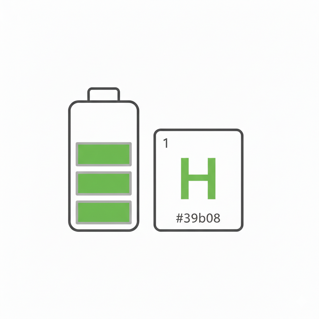 A stylized battery icon is nearly full, colored green. Next to it, a periodic table element card features 'H' in green, indicating hydrogen.