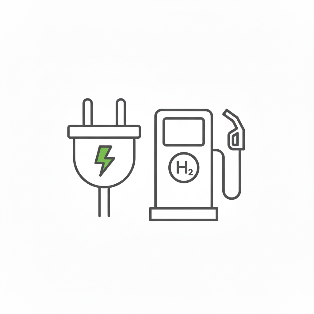 Illustration of an electric plug with a green lightning bolt next to a hydrogen fuel pump labeled 'H2,' symbolizing clean energy options.