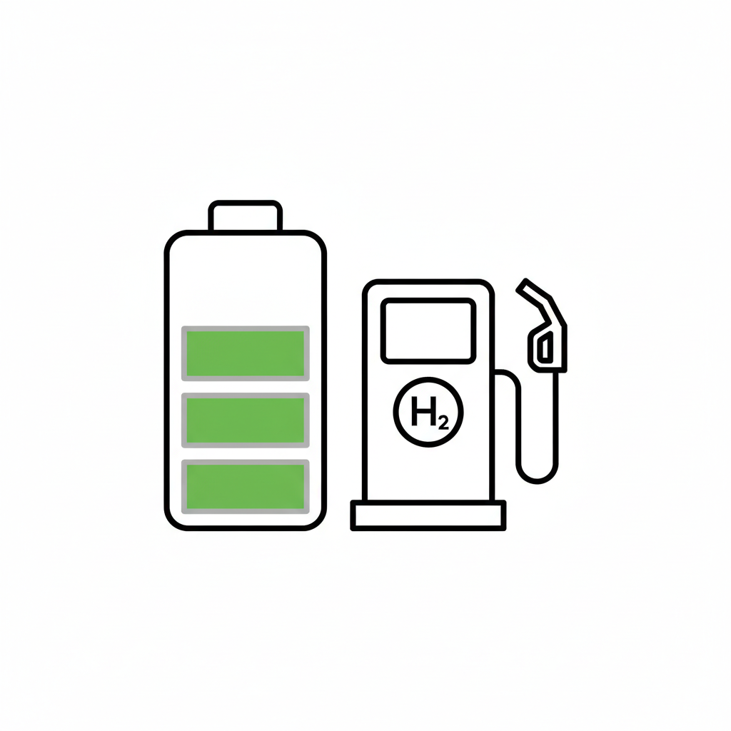 Illustration of a green battery with three bars and a hydrogen fuel pump labeled 'H2,'' symbolizing sustainable energy solutions.