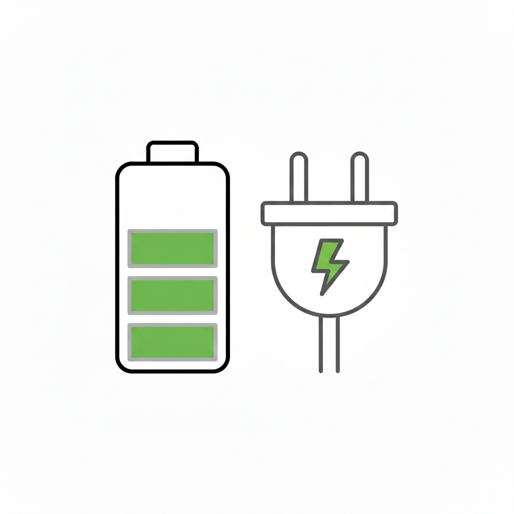 Outlined battery and plug symbol with a green lightning bolt, representing energy efficiency and charging, on a white background.
