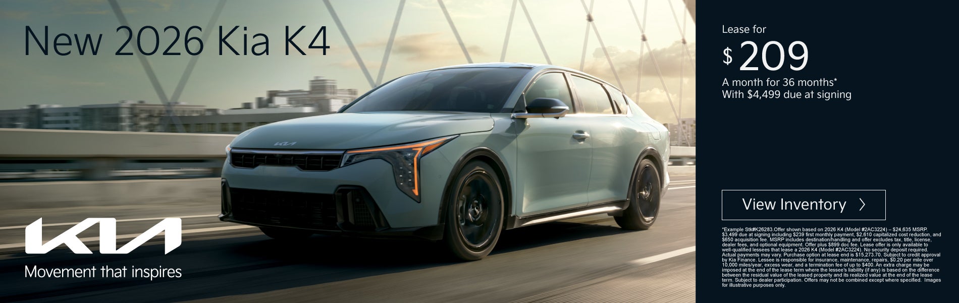 New 2026 Kia K4	Lease for $209 a month for 36 months with $4