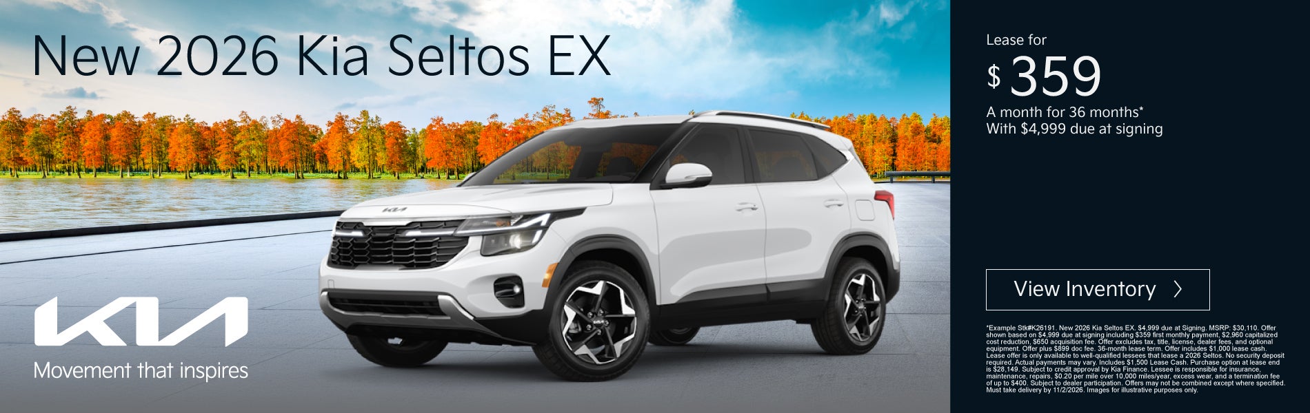 New 2026 Kia Seltos EX	Lease for $359 a month for 36 months 